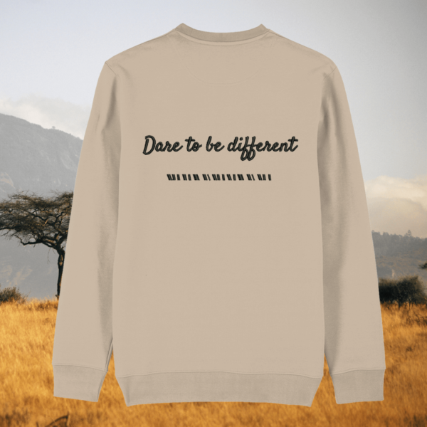Back of the Desert Dust organic cotton sweater with zebra print detail and “Dare to Be Different” inspirational design – Mindful Earth UK sustainable fashion