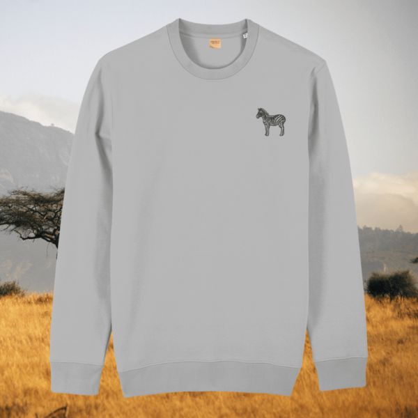Heather Grey organic cotton sweater with zebra print design and motivational “Dare to Be Different” message on the front – Mindful Earth sustainable UK clothing