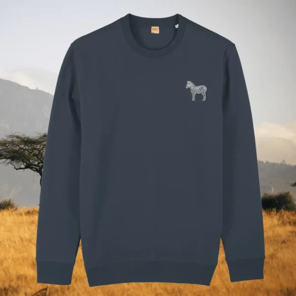 India Ink Grey organic cotton sweater with zebra print design and motivational “Dare to Be Different” message on the front – Mindful Earth sustainable UK clothing