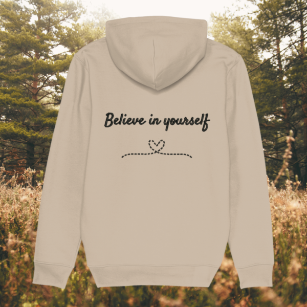 Bee Believe In Yourself organic cotton hoodie back in Desert Dust
