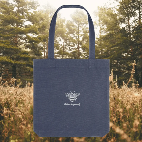 Bee Believe In Yourself recycled cotton eco tote bag in midnight blue