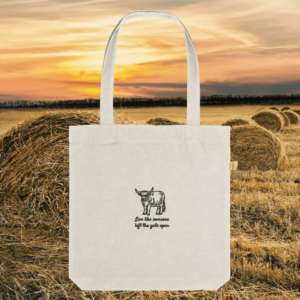 Highland Cow Live Like Someone Left The Gate Open recycled cotton tote bag in natural
