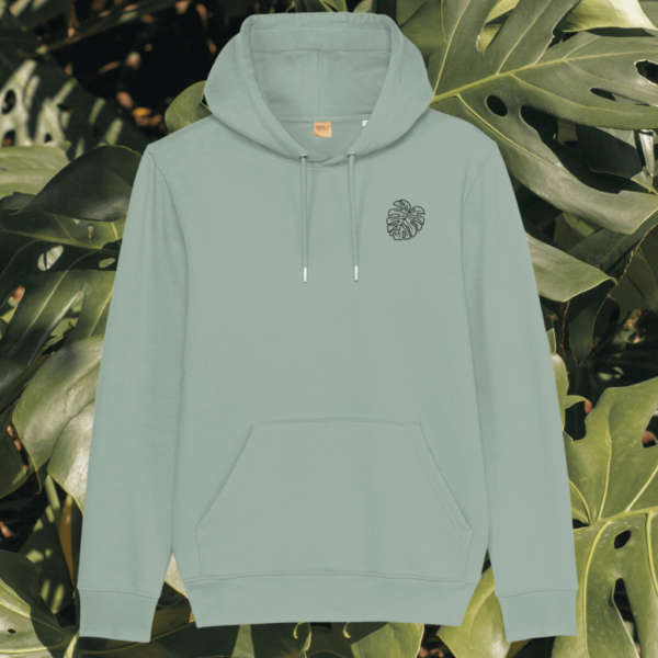 Monstera Life's A Climb But The View Is Great organic cotton hoodie front in Aloe