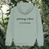 Sloth Just Hang In There organic cotton hoodie back in Aloe