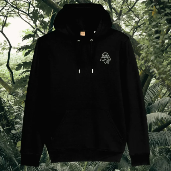 Sloth Just Hang In There organic cotton hoodie front in Black