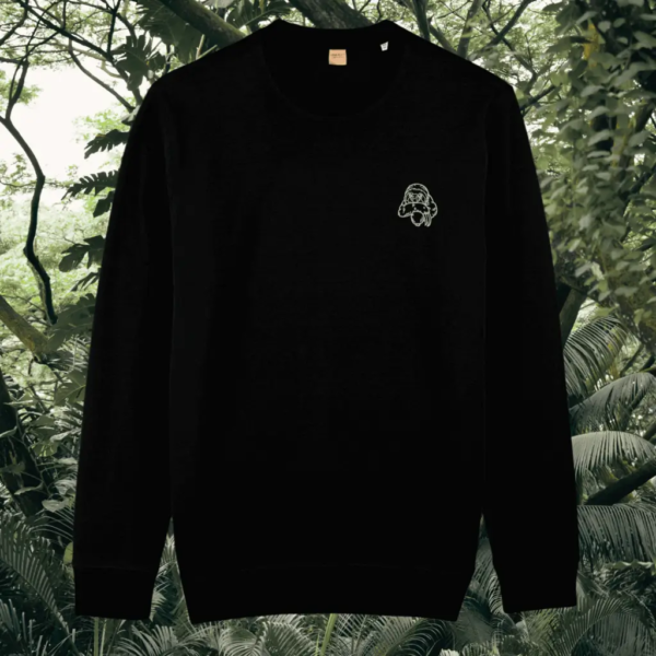 Sloth Just Hang In There organic cotton sweater front in Black