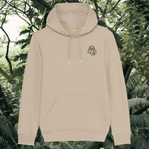 Sloth Just Hang In There organic cotton hoodie front in Desert Dust