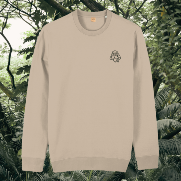 Sloth Just Hang In There organic cotton sweater front in Desert Dust