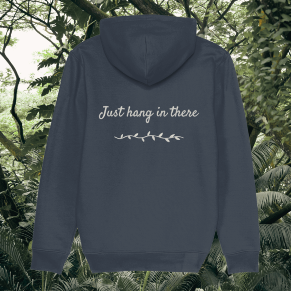 Sloth Just Hang In There organic cotton hoodie back in India Ink Grey