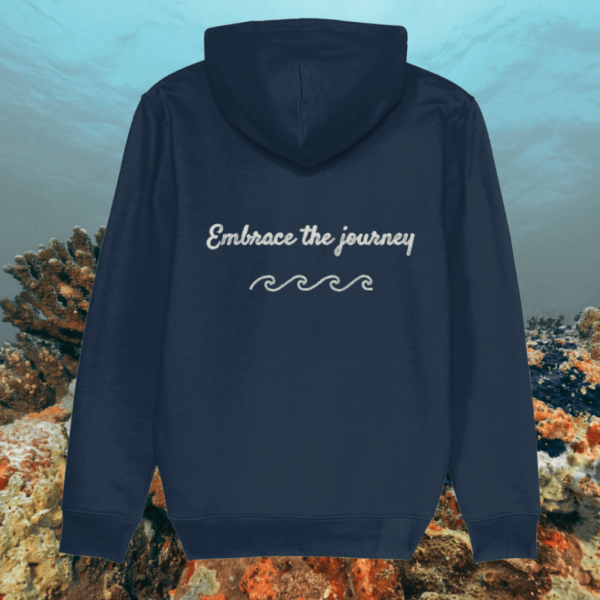 Turtle Embrace The Journey organic cotton hoodie back in French Navy