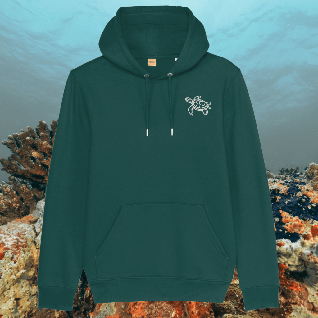 Turtle Embrace The Journey organic cotton hoodie front in Glazed Green