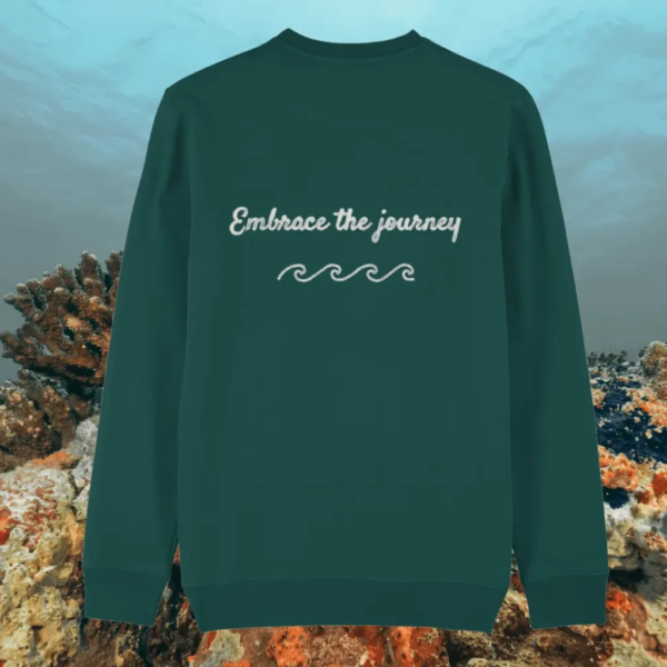 Turtle Embrace The Journey organic cotton sweater back in Glazed Green