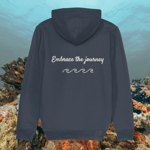 Turtle Embrace The Journey organic cotton hoodie back in India Ink Grey