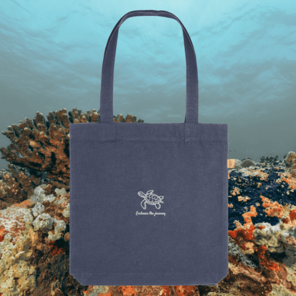 Turtle Embrace The Journey eco tote bag in midnight blue