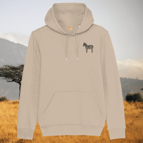 Zebra Dare To Be Different organic cotton hoodie front in Desert Dust