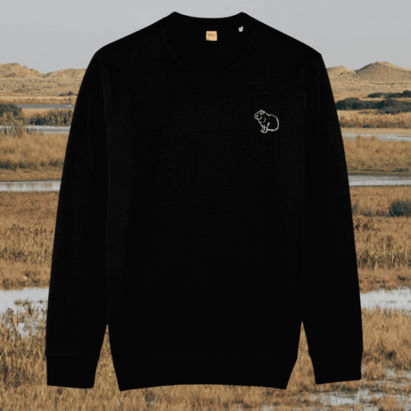 Capybara Spread Peace and Kindness organic cotton sweater front in Black